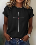 100% Cotton Simple Cross Heart Crew Neck Short Sleeve Tshirt