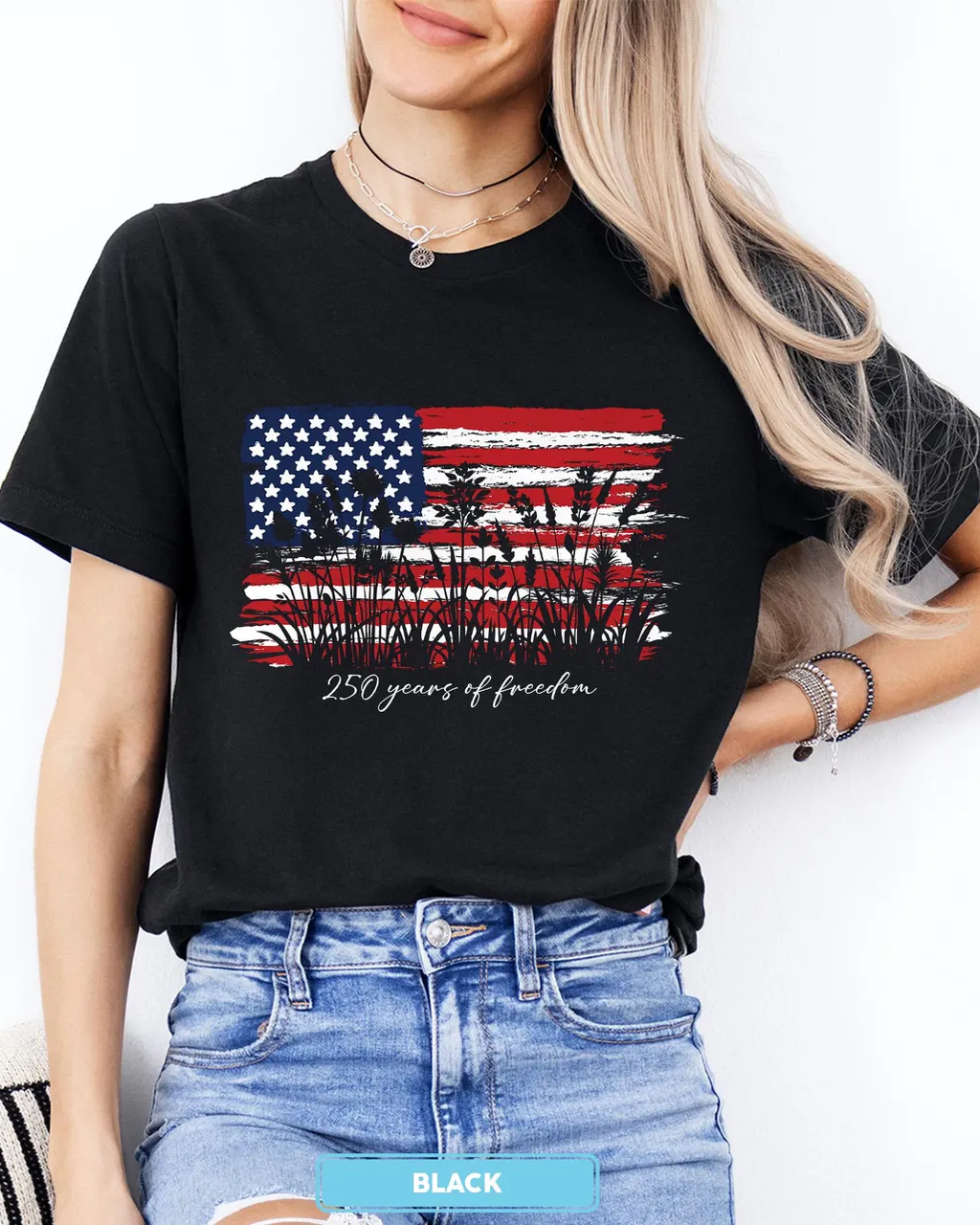 100% Cotton 250 Years of Freedom Crew Neck Short Sleeve Tshirt