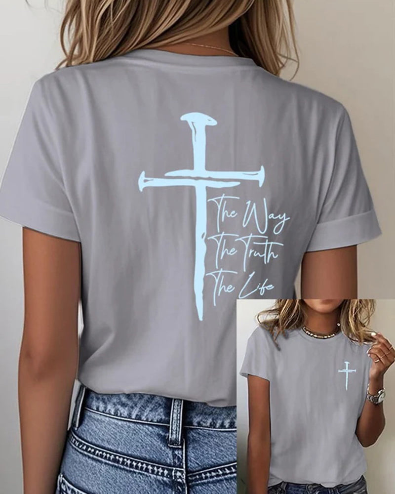 Front-and-back Printed Studded Cross The Way The Truth The Life Short-sleeve T-shirt