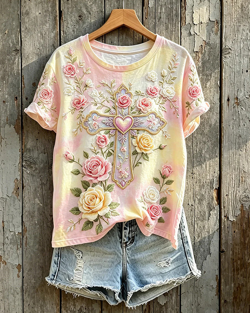 Pink Yellow Gradient Spotted Rose Love Cross Printed Women's Casual Short-sleeved T-shirt