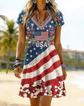 USA Flag Floral Print V-Neck Short Sleeve Tight-Waisted Short Dress