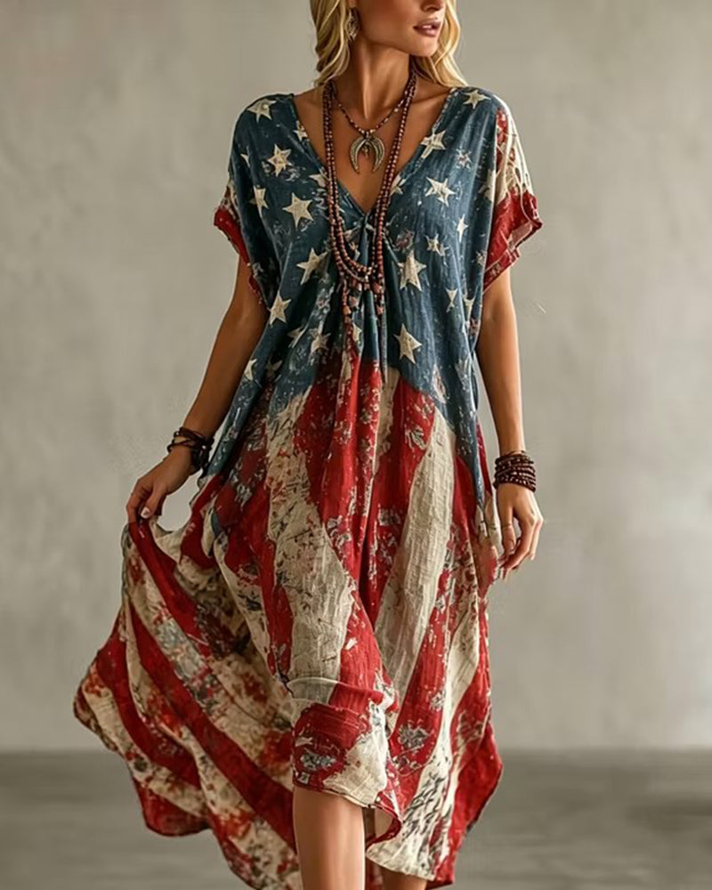 Old-fashioned Star-Spangled Banner Printed V-Neck Loose Irregular Large Dress