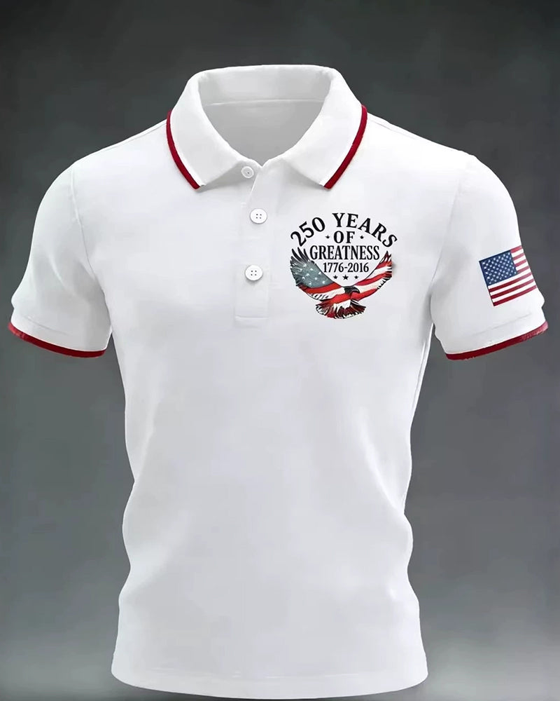 250th Anniversary Commemorative White-Eagle-Print Short-Sleeve Polo Shirt