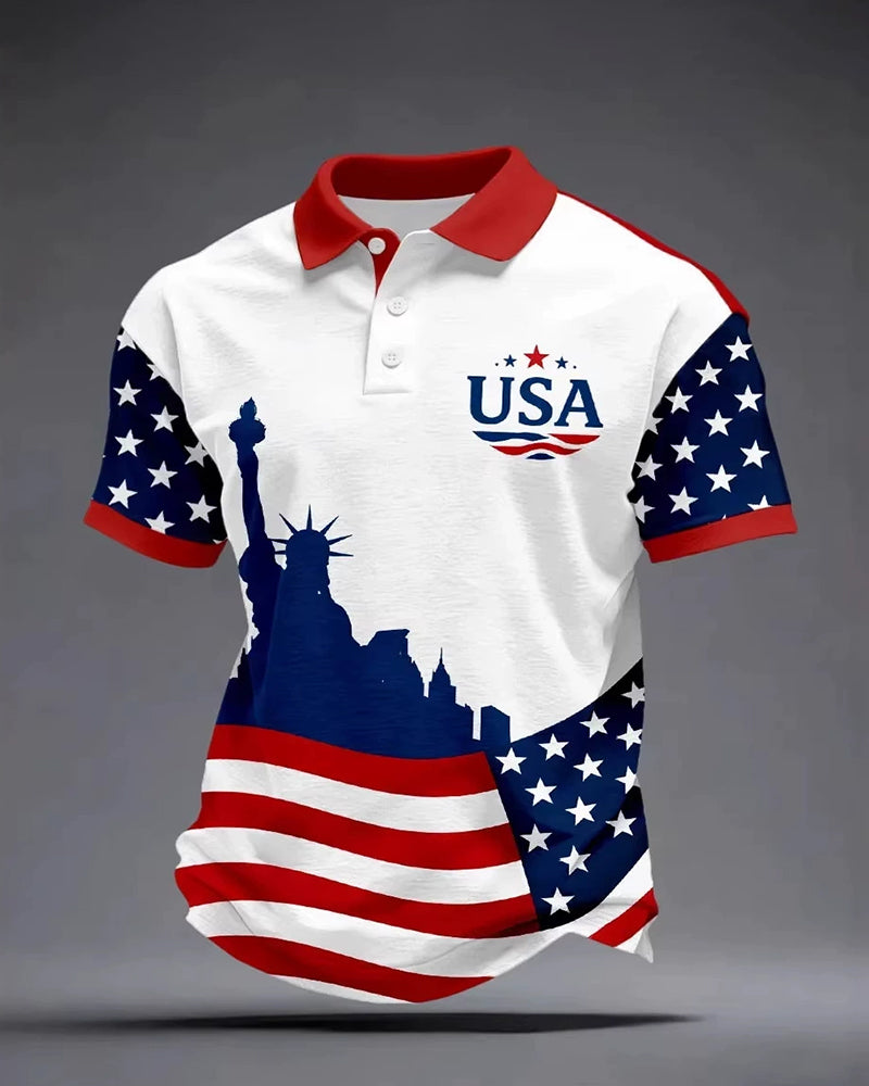 Statue Of Liberty Silhouette USA Stars And Stripes Patchwork Casual Polo Shirt