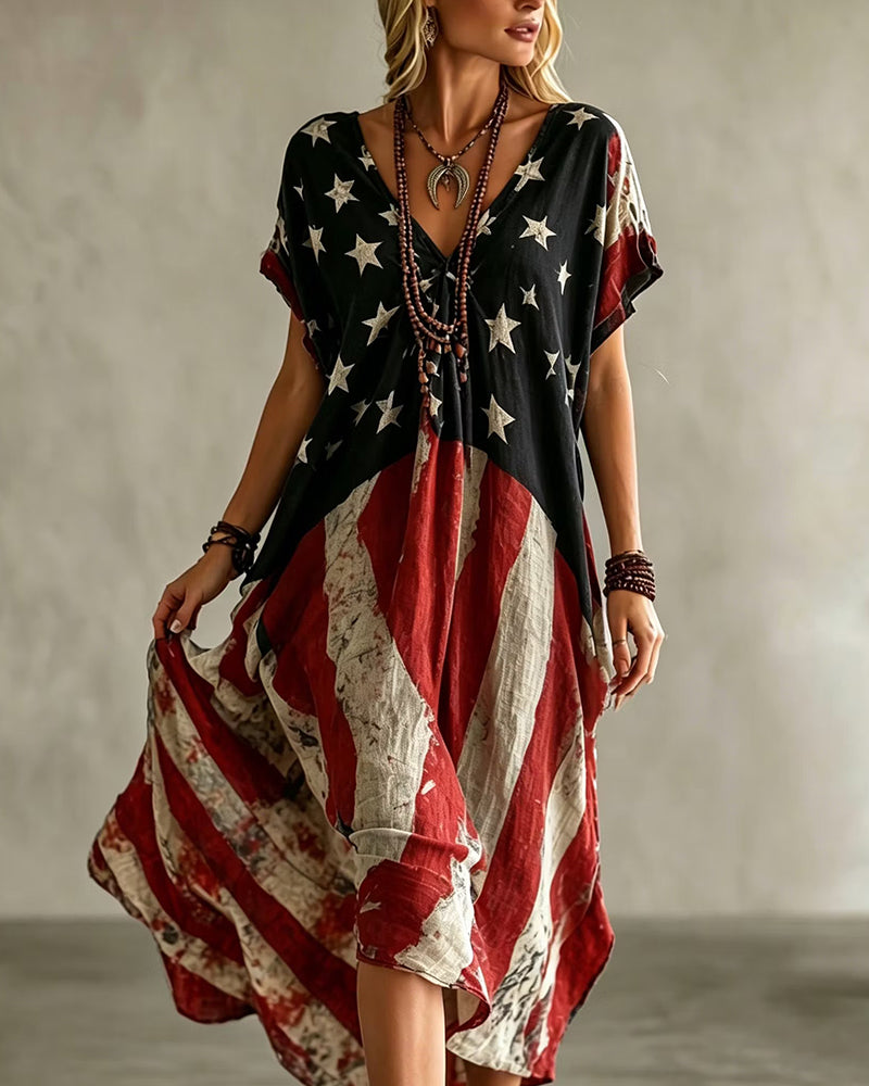 Old-fashioned Star-Spangled Banner Printed V-Neck Loose Irregular Large Dress