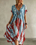 Old-fashioned Star-Spangled Banner Printed V-Neck Loose Irregular Large Dress