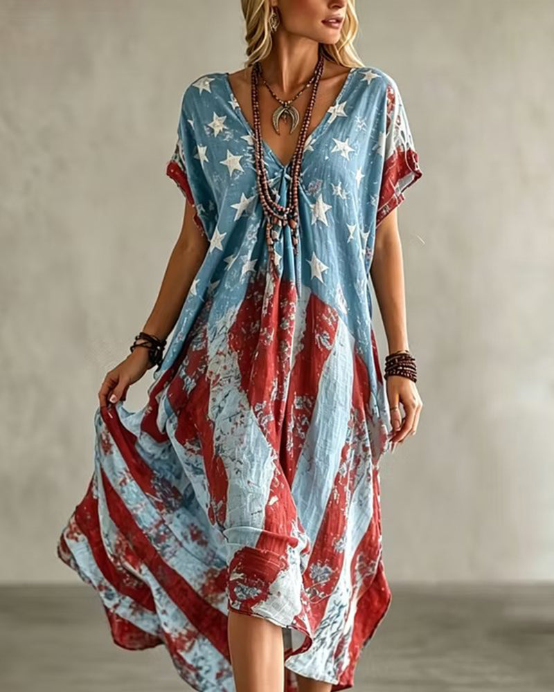 Old-fashioned Star-Spangled Banner Printed V-Neck Loose Irregular Large Dress
