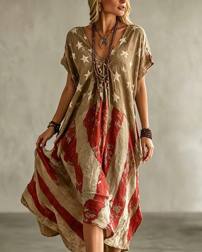 Old-fashioned Star-Spangled Banner Printed V-Neck Loose Irregular Large Dress