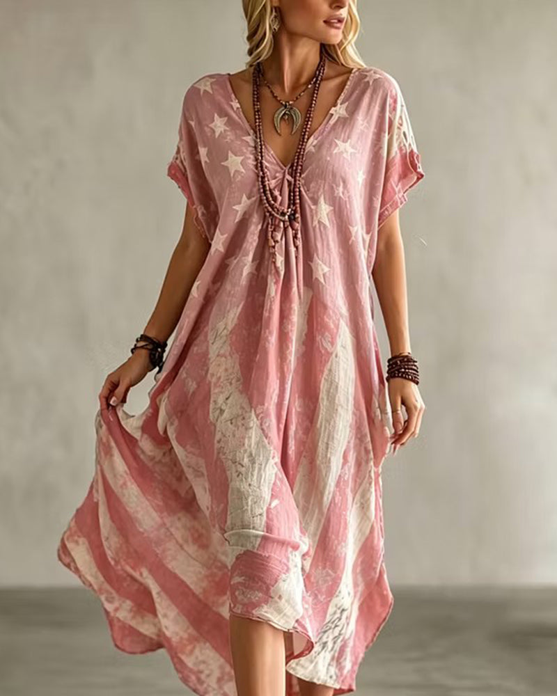 Old-fashioned Star-Spangled Banner Printed V-Neck Loose Irregular Large Dress