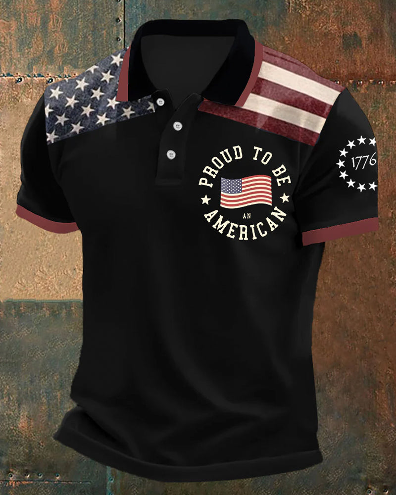American Pride Slogan 1776 Commemorative Flag Printed Short-Sleeved Polo Shirt