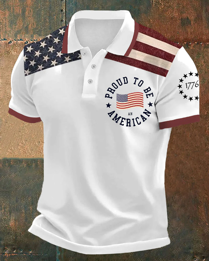 American Pride Slogan 1776 Commemorative Flag Printed Short-Sleeved Polo Shirt
