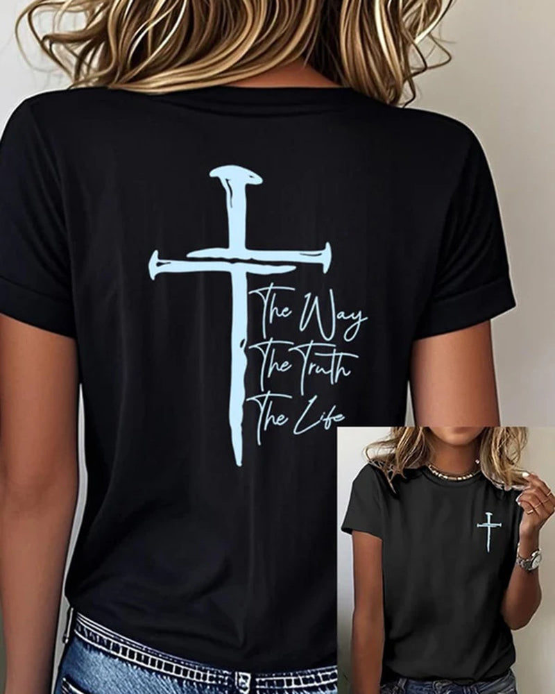 Front-and-back Printed Studded Cross The Way The Truth The Life Short-sleeve T-shirt