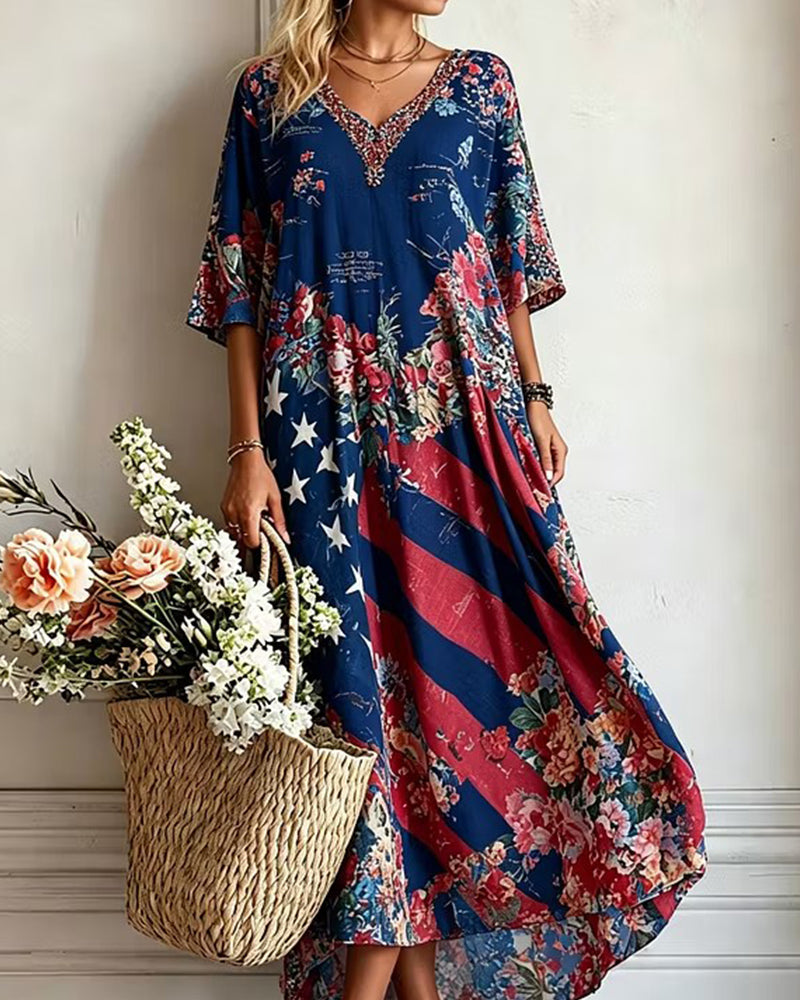 Flag Floral Patchwork Printed V-Neck Loose Large Swing Dress