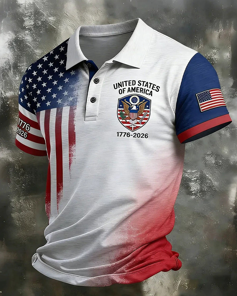 American 250 Anniversary Eagle Flag Print Casual Polo