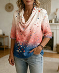 Powder Blue Gradient Floral Print Swing Neck Sleeve Loose Top