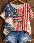 American Flag Star Print Casual Round Neck Short Sleeve T-Shirt