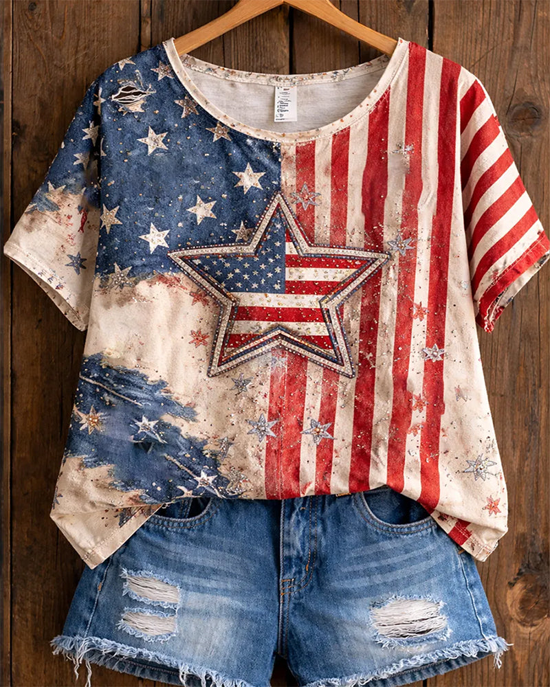 American Flag Star Print Casual Round Neck Short Sleeve T-Shirt