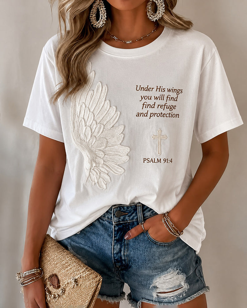 Unilateral Wings Cross Psalm Letter Print Casual Short Sleeve Tee