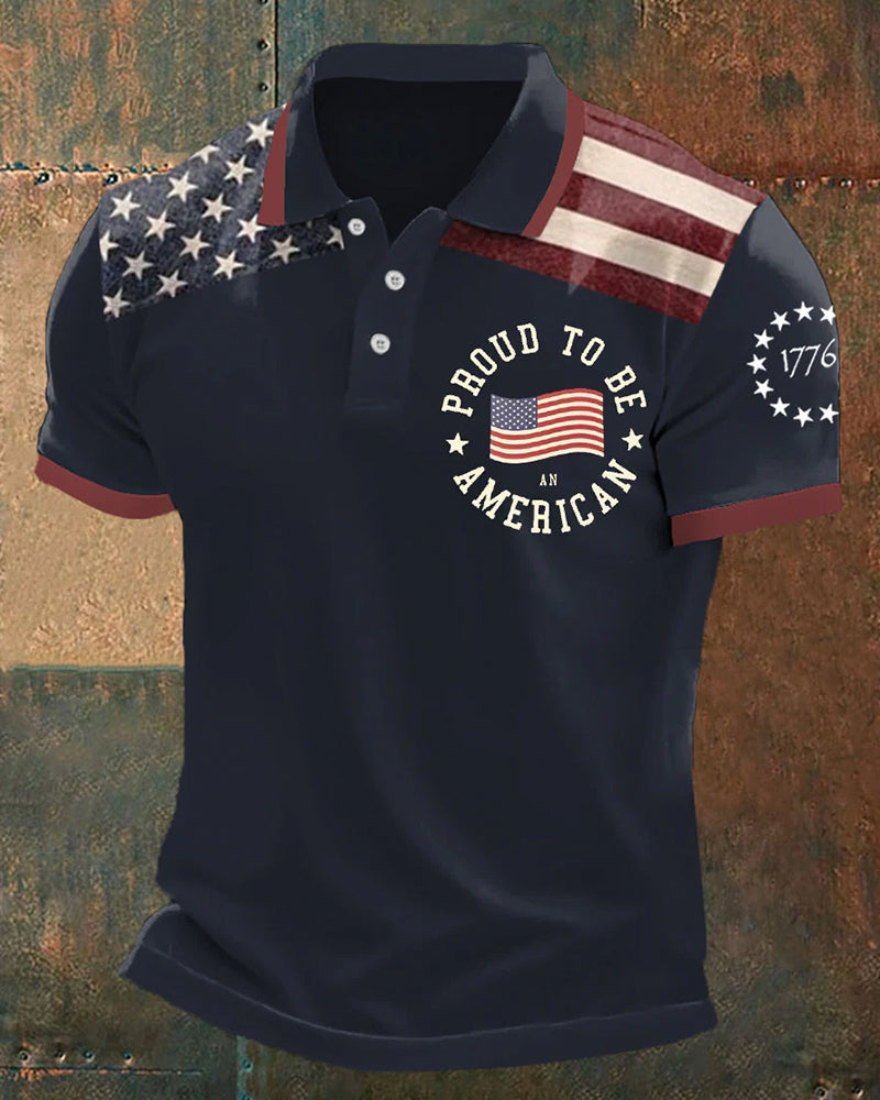American Pride Slogan 1776 Commemorative Flag Printed Short-Sleeved Polo Shirt