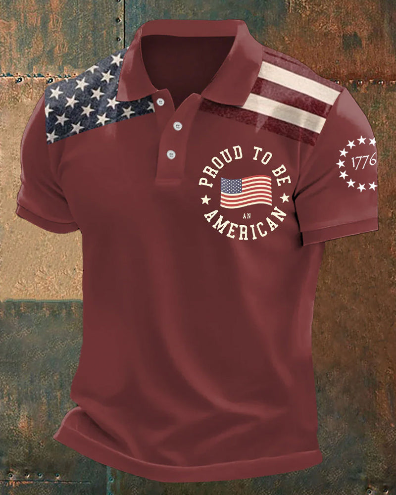 American Pride Slogan 1776 Commemorative Flag Printed Short-Sleeved Polo Shirt
