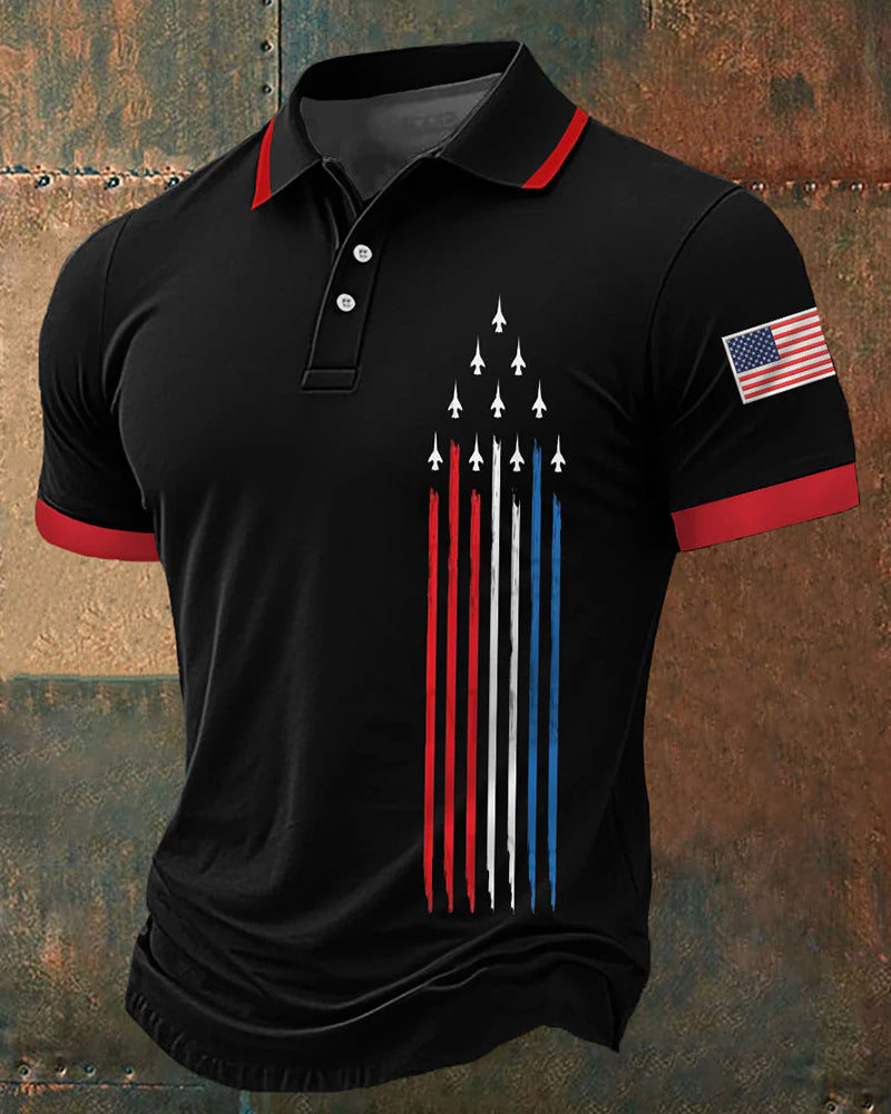 Fighter Vertical Strip Star Element American Retro Short-sleeved Polo Shirt