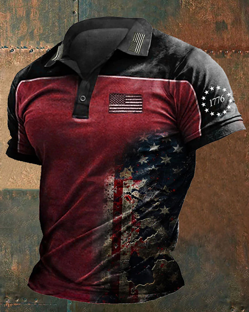 Red And Black Contrast Distressed Torn Flag 1776 Commemorative Polo Shirt