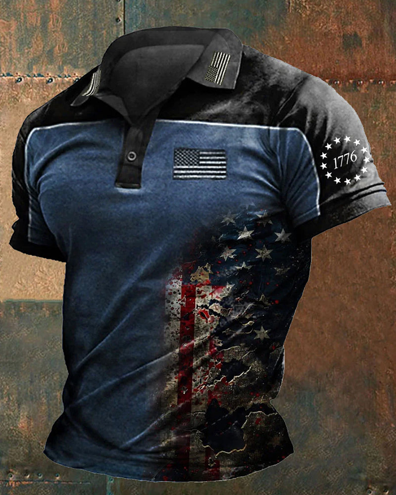 Red And Black Contrast Distressed Torn Flag 1776 Commemorative Polo Shirt