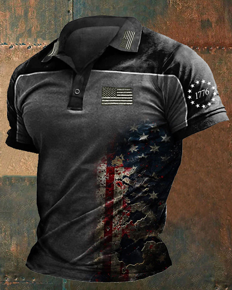 Red And Black Contrast Distressed Torn Flag 1776 Commemorative Polo Shirt
