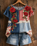 Denim Patchwork Red Rose Print Round Neck Short Sleeve Tee