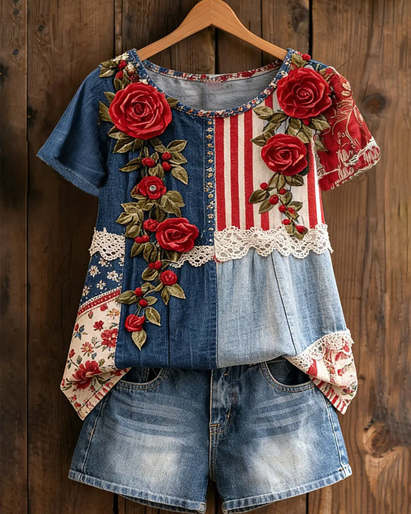 Denim Patchwork Red Rose Print Round Neck Short Sleeve Tee