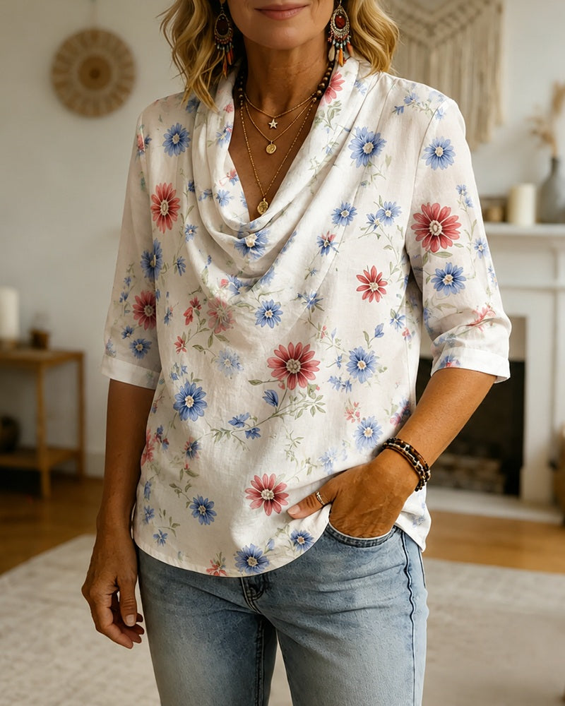 Fresh Red And Blue Floral Print White Collar Sleeve Casual Shirt