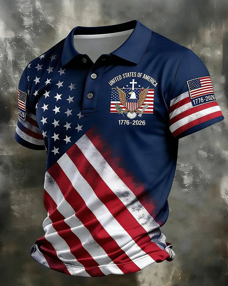 American-style Distressed Star-stripe Bald Eagle 1776-2026 Commemorative Polo Shirt