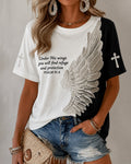 Black And White Contrast Big Wings Cross English Slogan Loose Round Neck Short Sleeve T-shirt