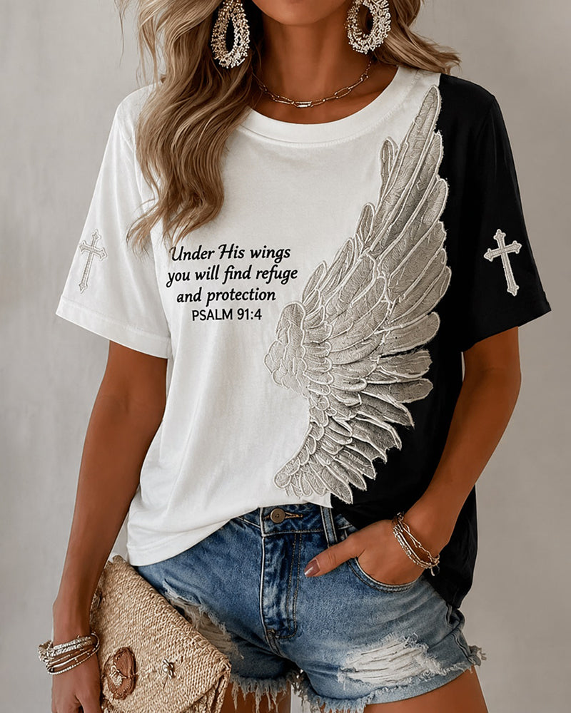 Black And White Contrast Big Wings Cross English Slogan Loose Round Neck Short Sleeve T-shirt