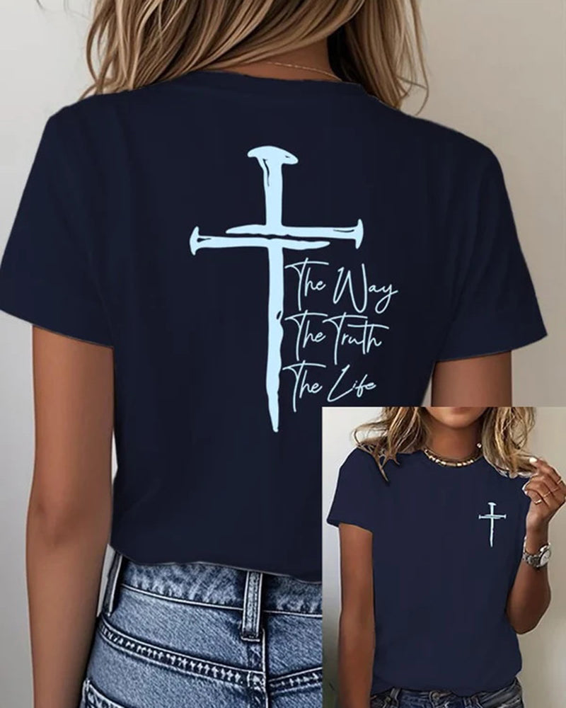 Front-and-back Printed Studded Cross The Way The Truth The Life Short-sleeve T-shirt