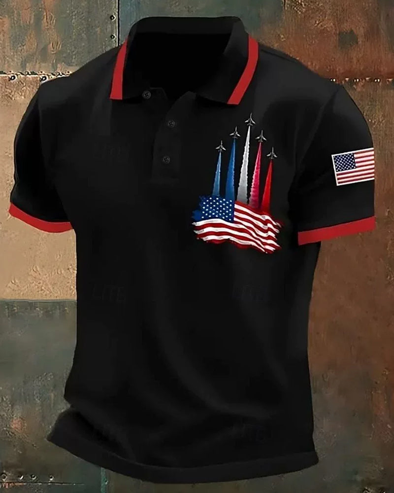 Red And White Colorblock Fighter Stars And Stripes Trendy Men's Polo Shirt