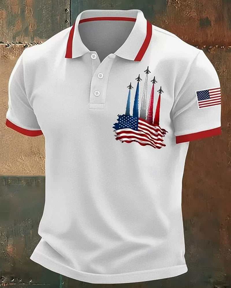 Red And White Colorblock Fighter Stars And Stripes Trendy Men's Polo Shirt