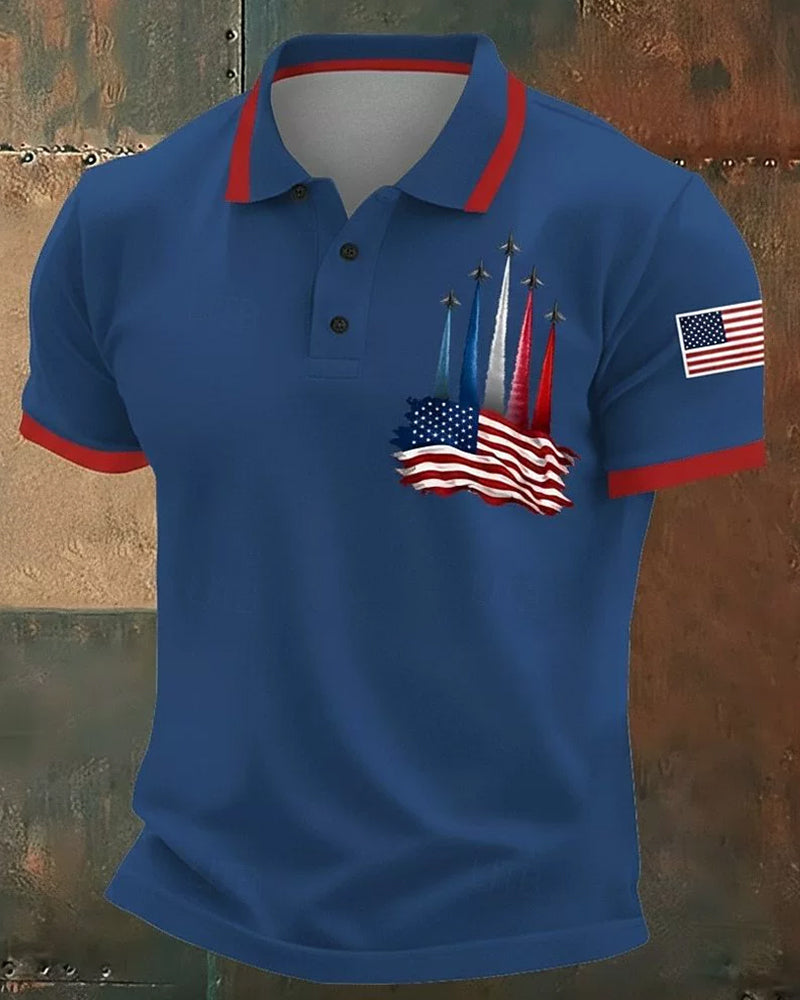 Red And White Colorblock Fighter Stars And Stripes Trendy Men's Polo Shirt