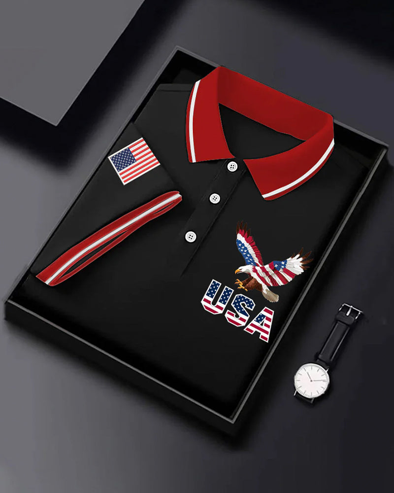 American Bald Eagle USA Flag Embroidered Casual Polo Shirt