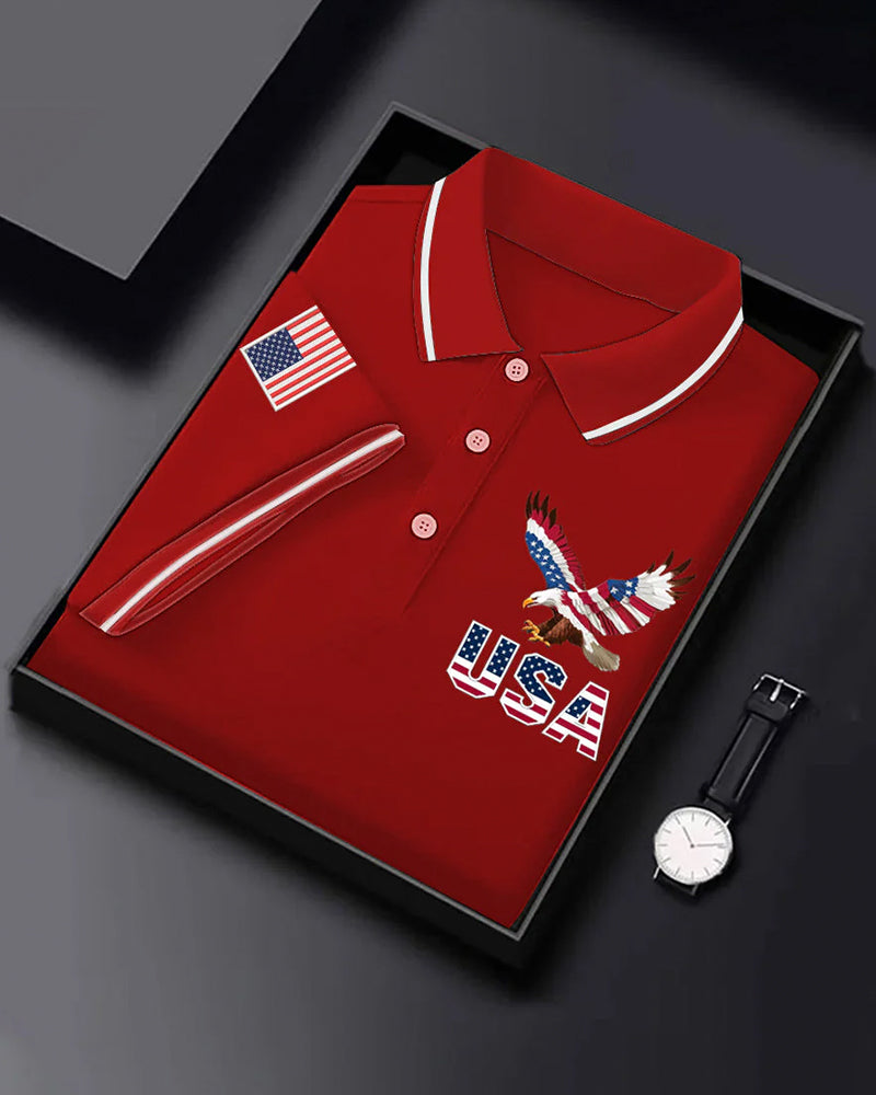 American Bald Eagle USA Flag Embroidered Casual Polo Shirt
