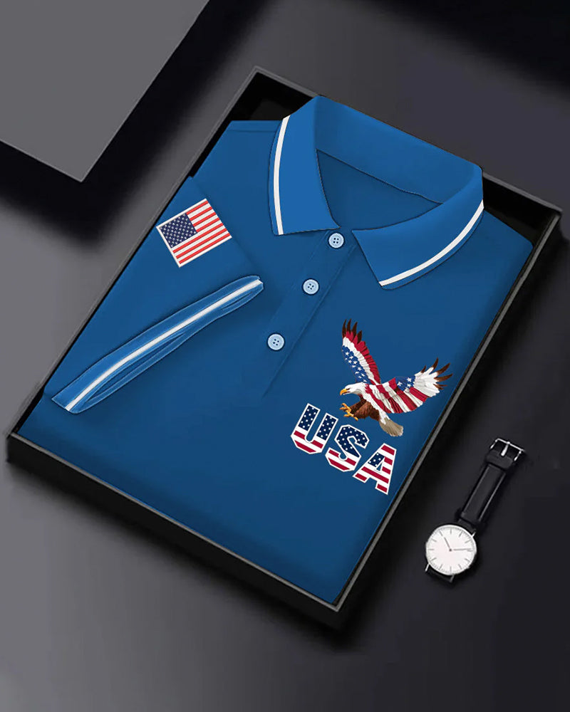 American Bald Eagle USA Flag Embroidered Casual Polo Shirt