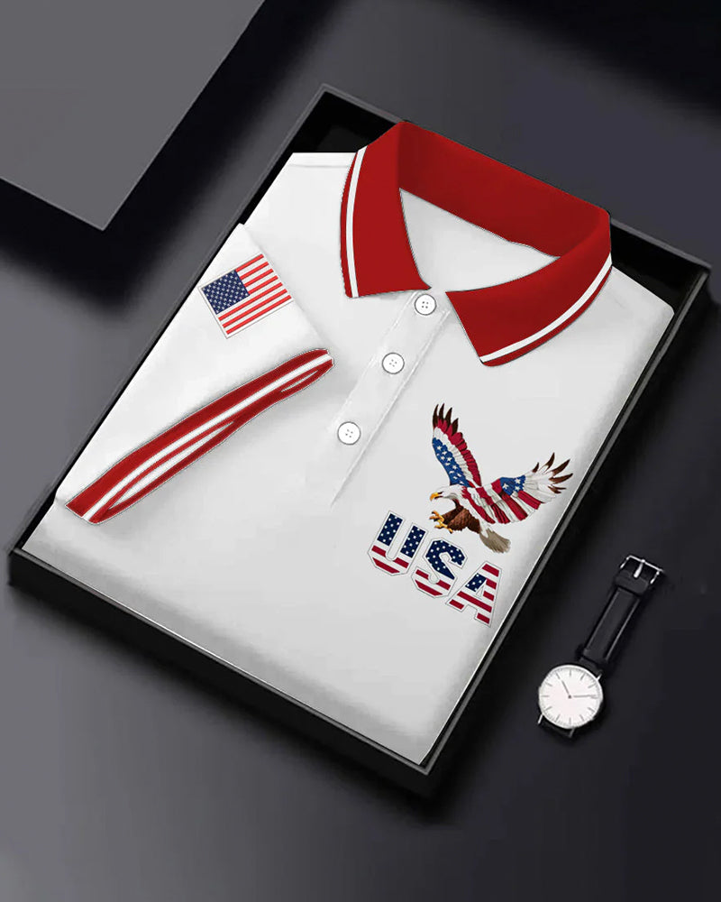 American Bald Eagle USA Flag Embroidered Casual Polo Shirt