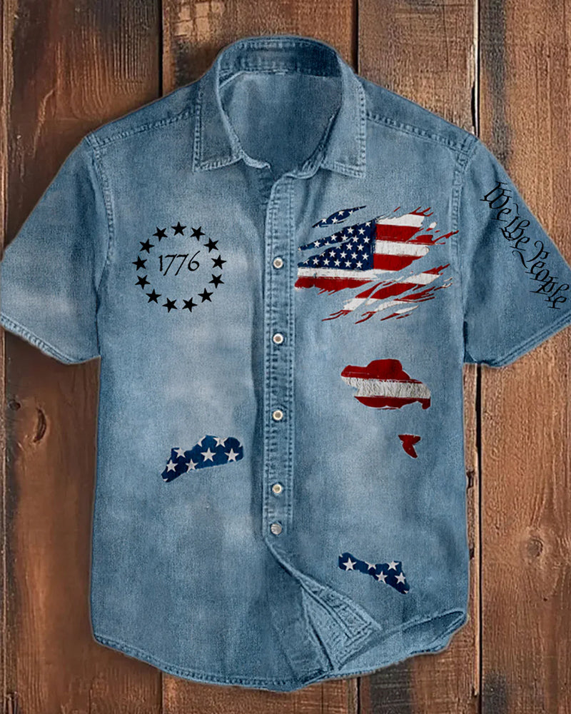 American-style 1776 Vintage Distressed Ripped Flag-print Short-sleeve Shirt