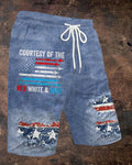 Distressed Denim-Style Casual Shorts With Star-Spangled Banner Slogan And Ripped-Effect Print