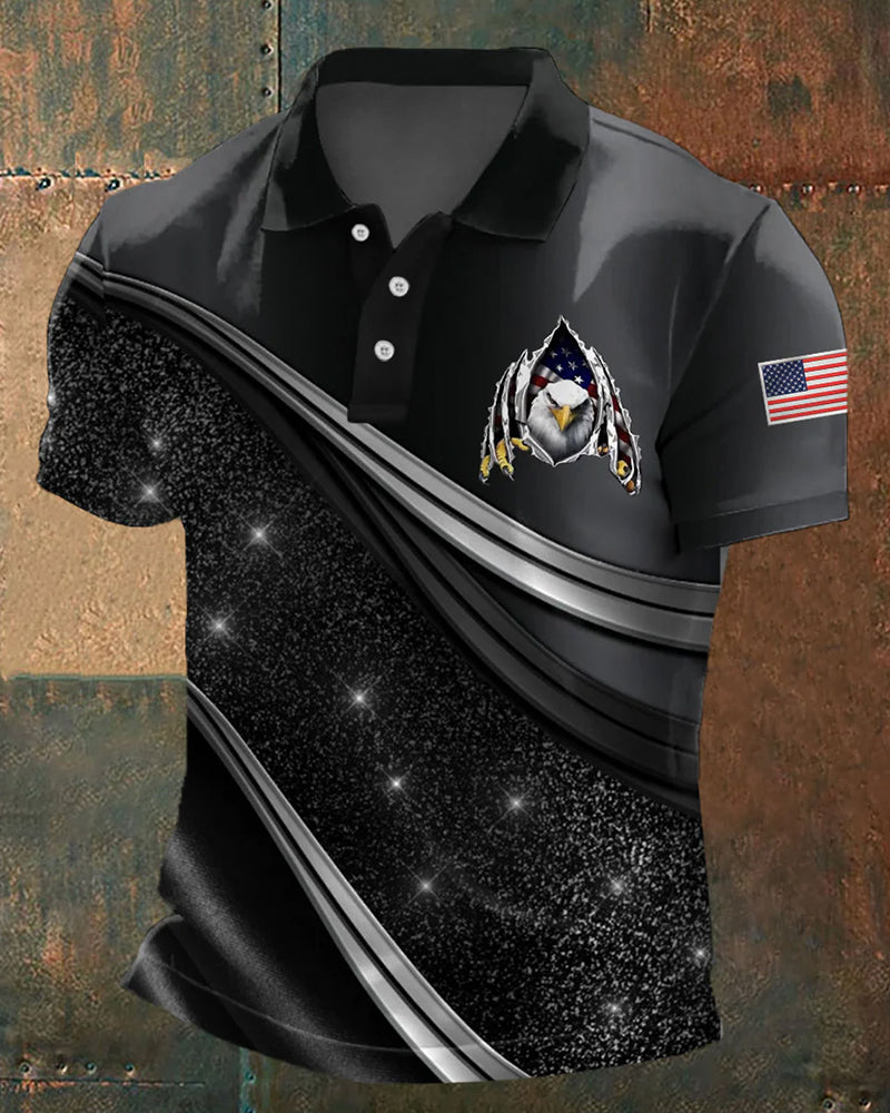 Black Glitter Wave Tear Eagle Flag American Casual Polo