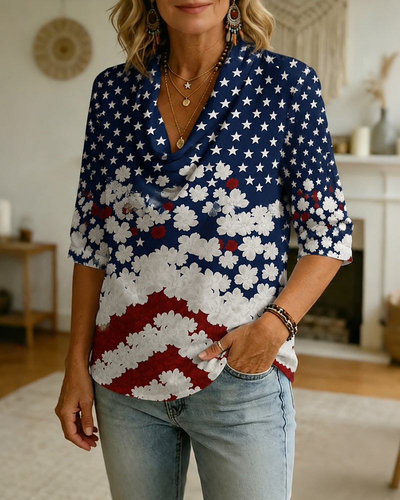 Navy Blue Star Red And White Floral Flag Printed Swing Collar Seven-Sleeve Top