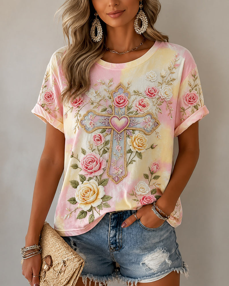 Pink Yellow Gradient Spotted Rose Love Cross Printed Women's Casual Short-sleeved T-shirt