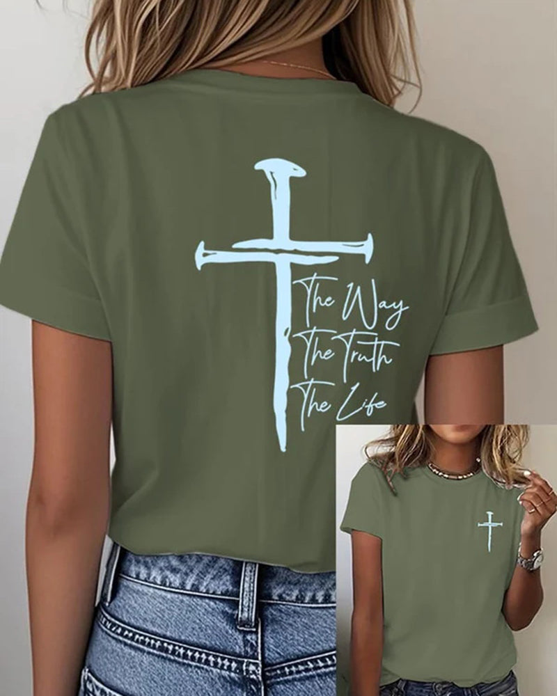 Front-and-back Printed Studded Cross The Way The Truth The Life Short-sleeve T-shirt