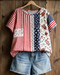 Red And White Check Floral Star Stitching Printed Round Neck Short Sleeve T-shirt