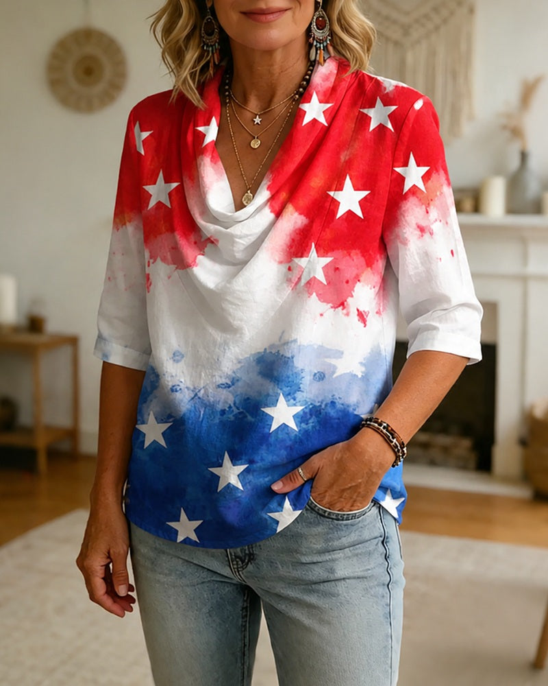 Red White Blue Gradient Tie-Dye Star Print Swing Collar Sleeve Casual Shirt